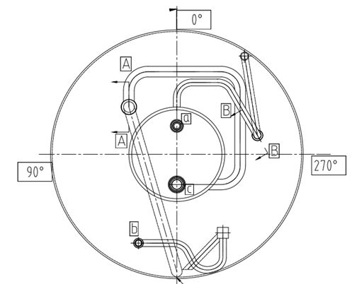 Pipelines for filling and dispensing liquid product in the interwall space of gasifier tanks. Pipeline C is for filling the liquid product, pipeline B is for dispensing the liquid product. Pipeline a is connected to the gas discharge line and electricity. Level gauge MD-2A (link).